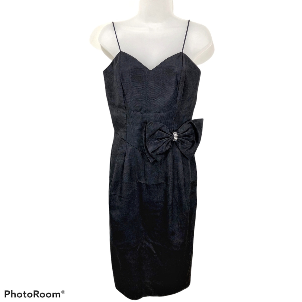 Patra Cocktail Dress Vintage 1980s Black Moire Bengaline Spaghetti Strap Bow 6